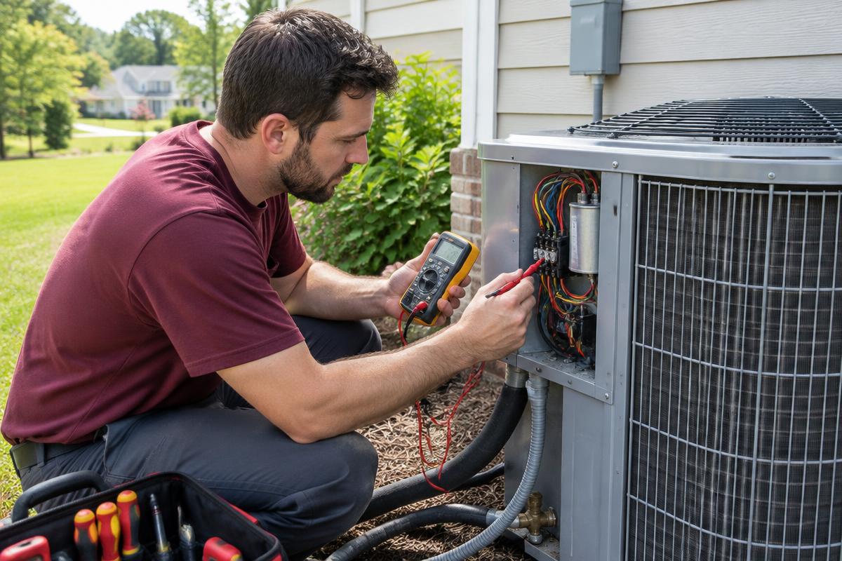 Technician inspecting an outdoor air conditioning unit