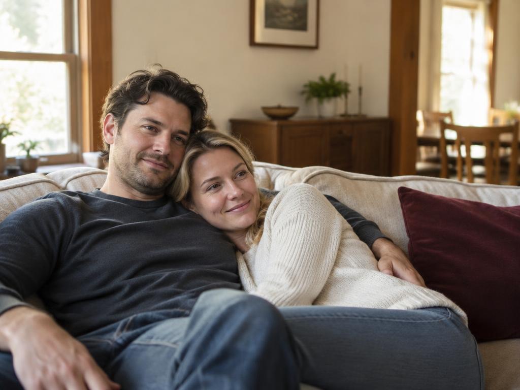 Couple relaxing in their living room after their system is fixed