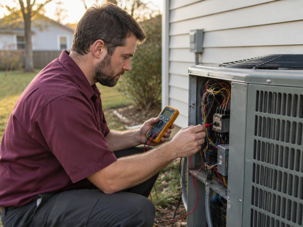 Technician testing an outdoor air conditioning unit with a multimeter